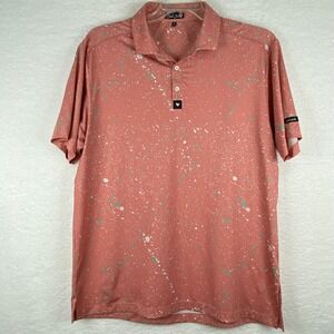 Bad Birdie Mens XL Golf Polo Shirt Salmon Pink Teal Paint Splatter Performance